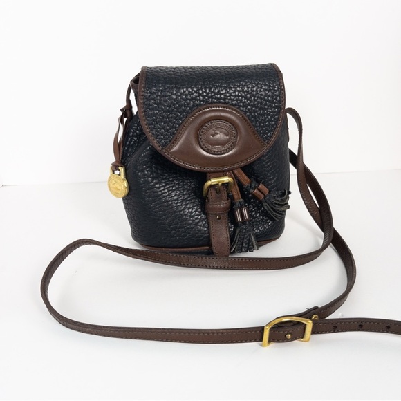Vintage Dooney & Bourke Mini Equestrian Black and Brown Leather Crossbody Bag - Picture 1 of 14